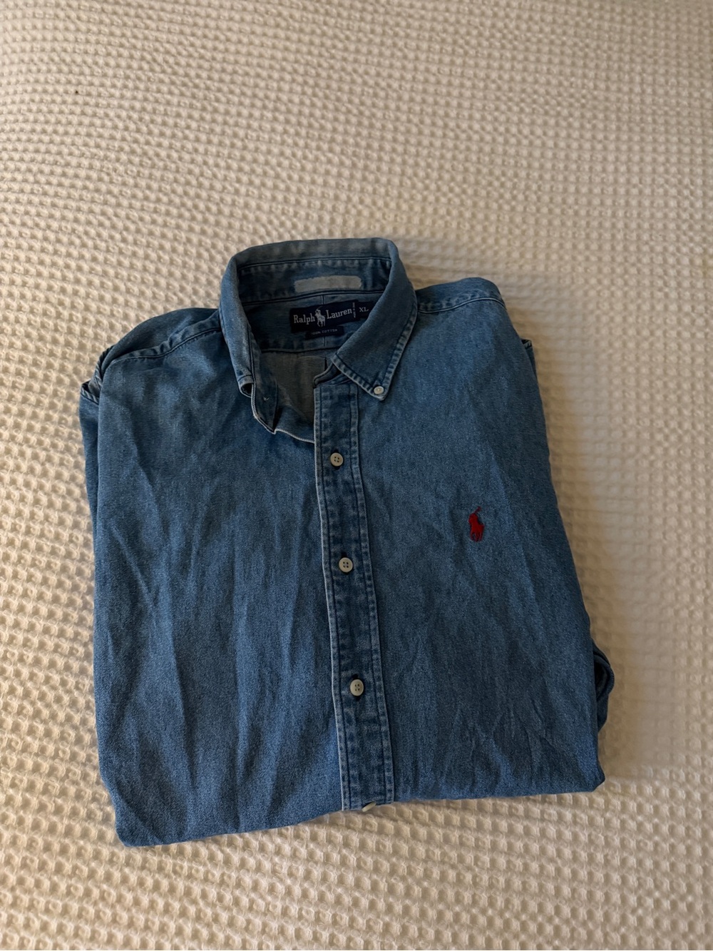 Vintage 90s Polo Ralph Lauren Button Down Denim Jean Shirt Dark Wash, Size XL